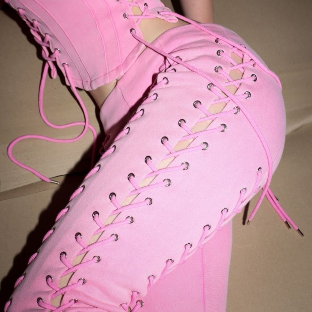 Stylish Pink Lace-Up Women's Pants - Picture 3 of 4